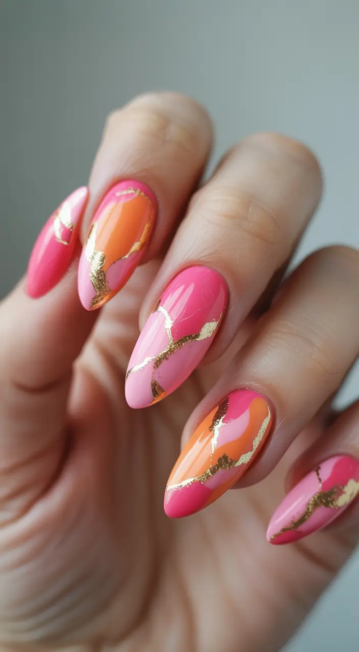 winter almond nails ideas 2025 Golden Coral Fusion