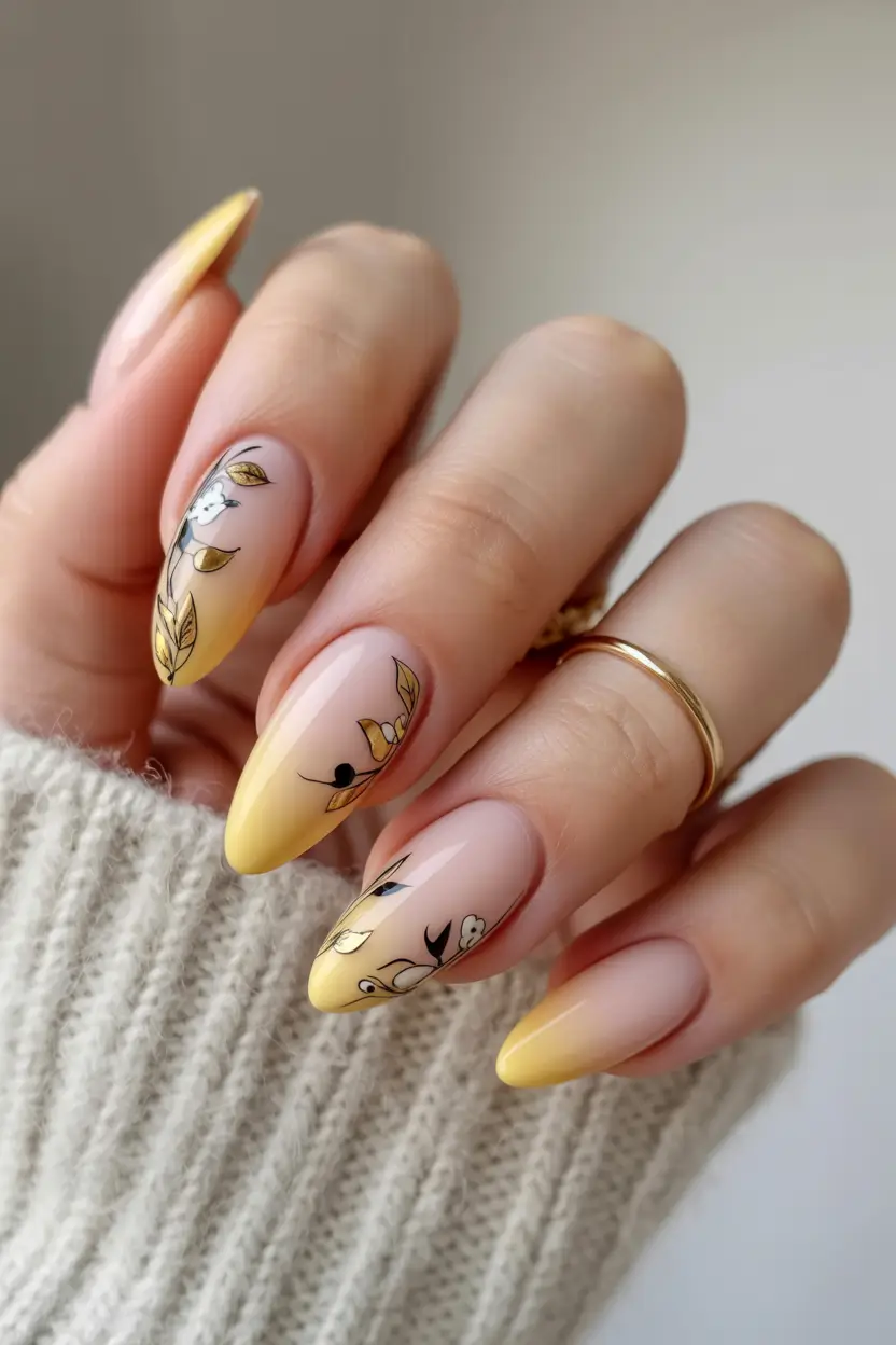 winter almond nails ideas 2025 Golden Petal Fade
