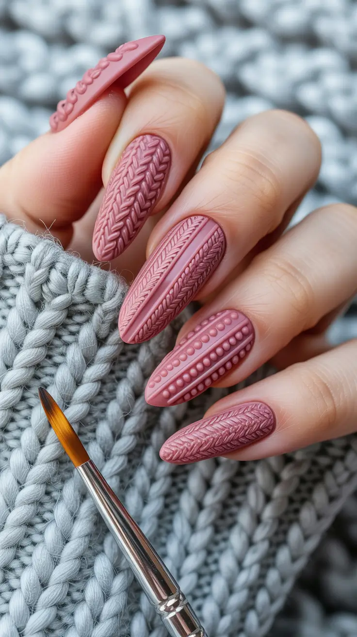 winter almond nails ideas 2025 Cozy Knit Texture