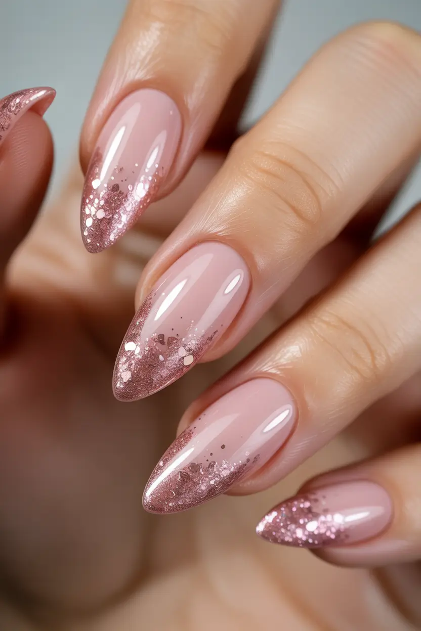 winter almond nails ideas 2025 Rose Gold Frost Tips