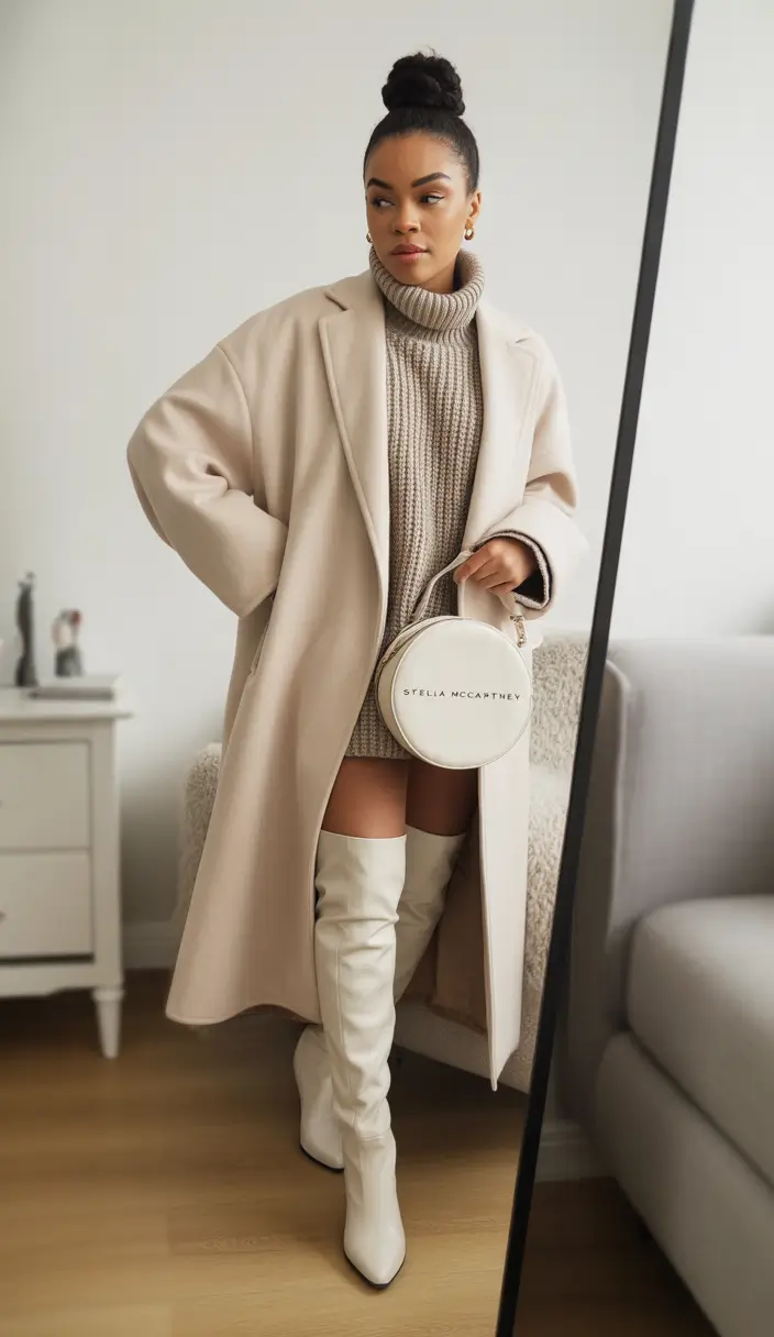 winter birthday outfit Layered Neutrals With Over-the-Knee Boots