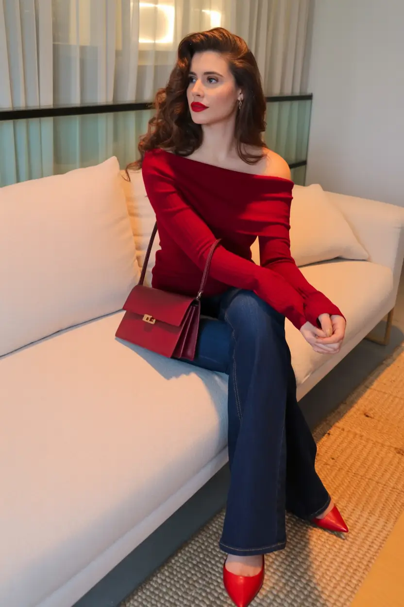 winter birthday outfit Retro Red With Denim