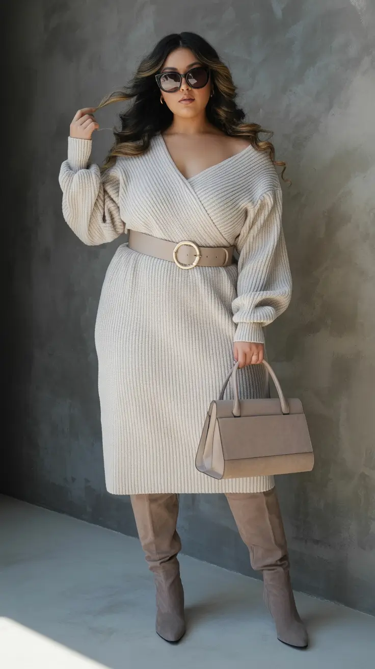 winter capsule wardrobe for plus size women belted knit dress