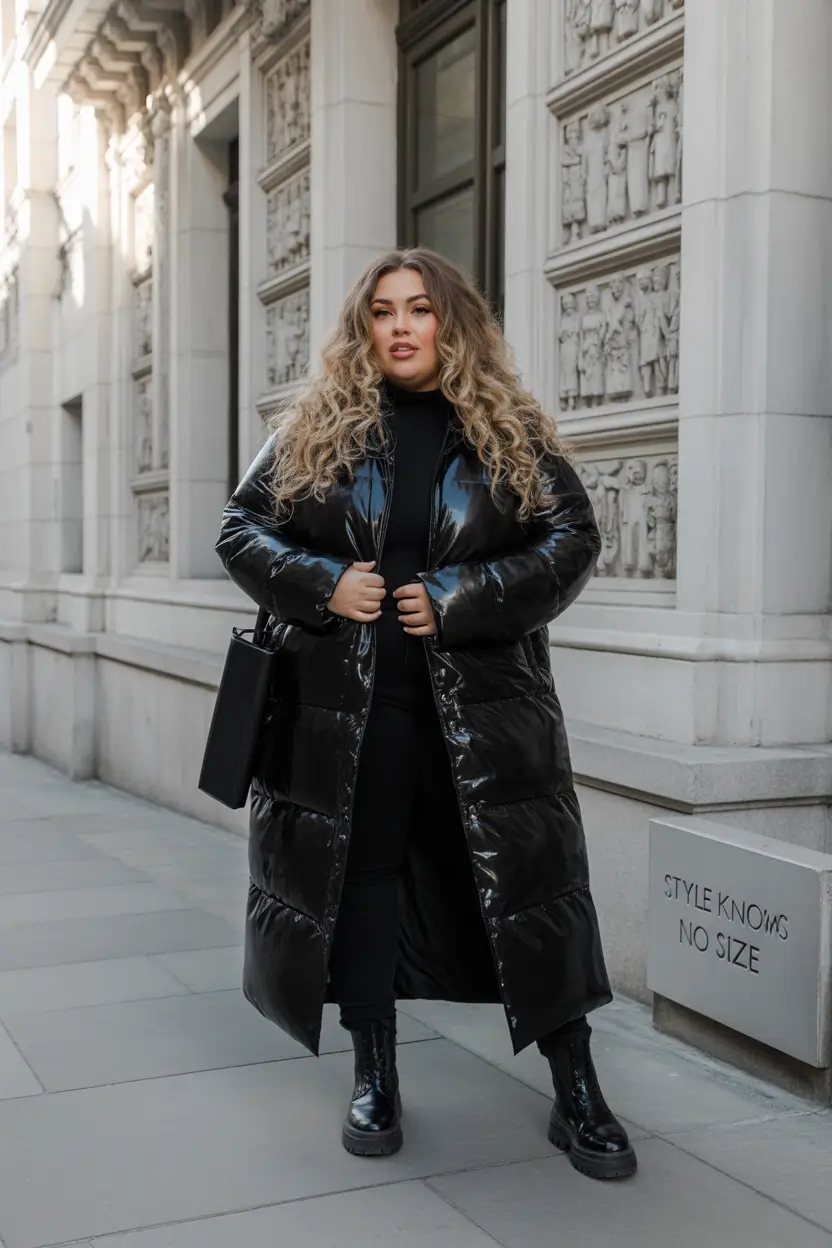 winter capsule wardrobe for plus size women glossy puffer