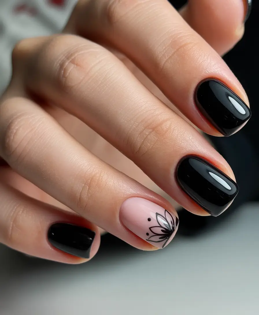 winter nails - new color trends Black and Nude Floral Accent