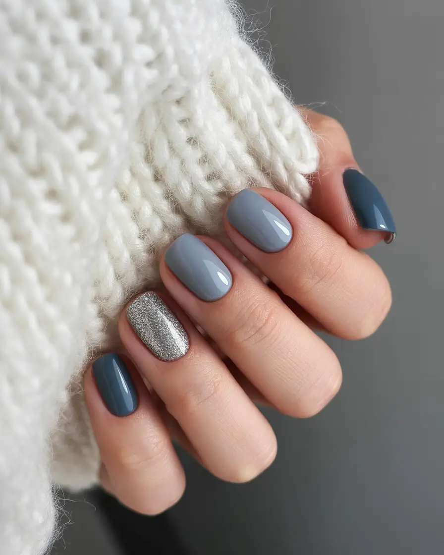 winter nails - new color trends Steel Blue & Silver Chic