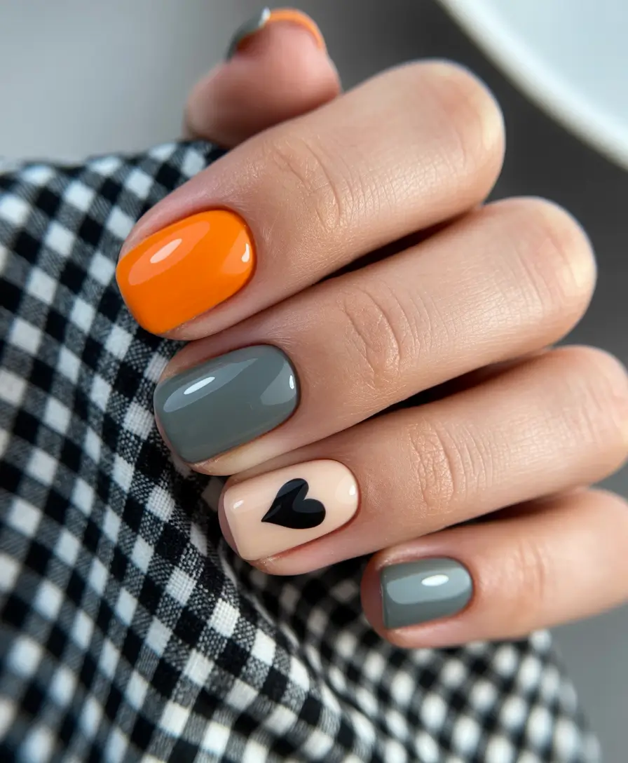 winter nails - new color trends Playful Contrast: Orange Meets Charcoal