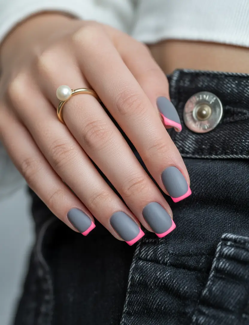 winter nails - new color trends Matte Grey with Neon Edge