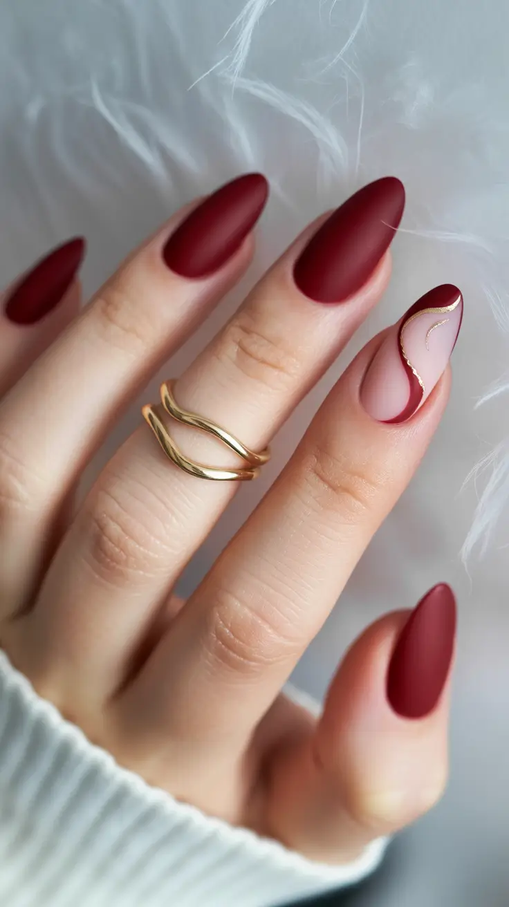 winter nails - new color trends Matte Crimson with Gold Accent