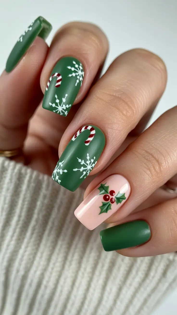 winter nails - new color trends Festive Green with Candy Cane Accents