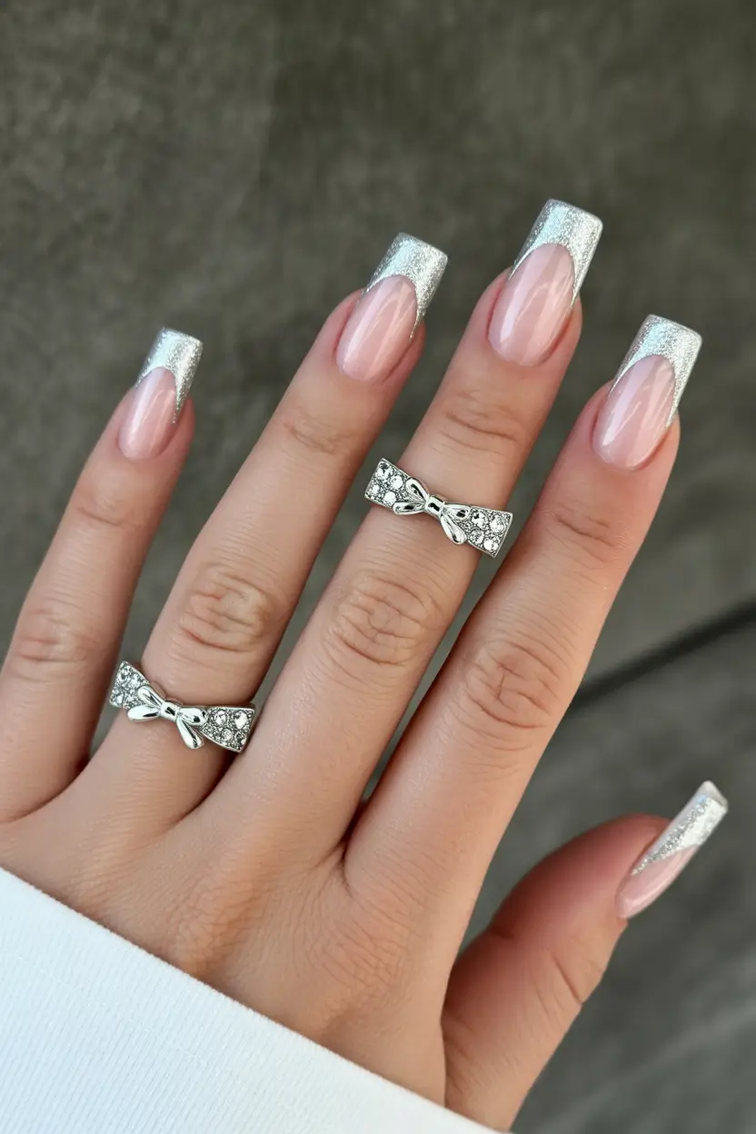 winter french tip nails Silver Frost Queen