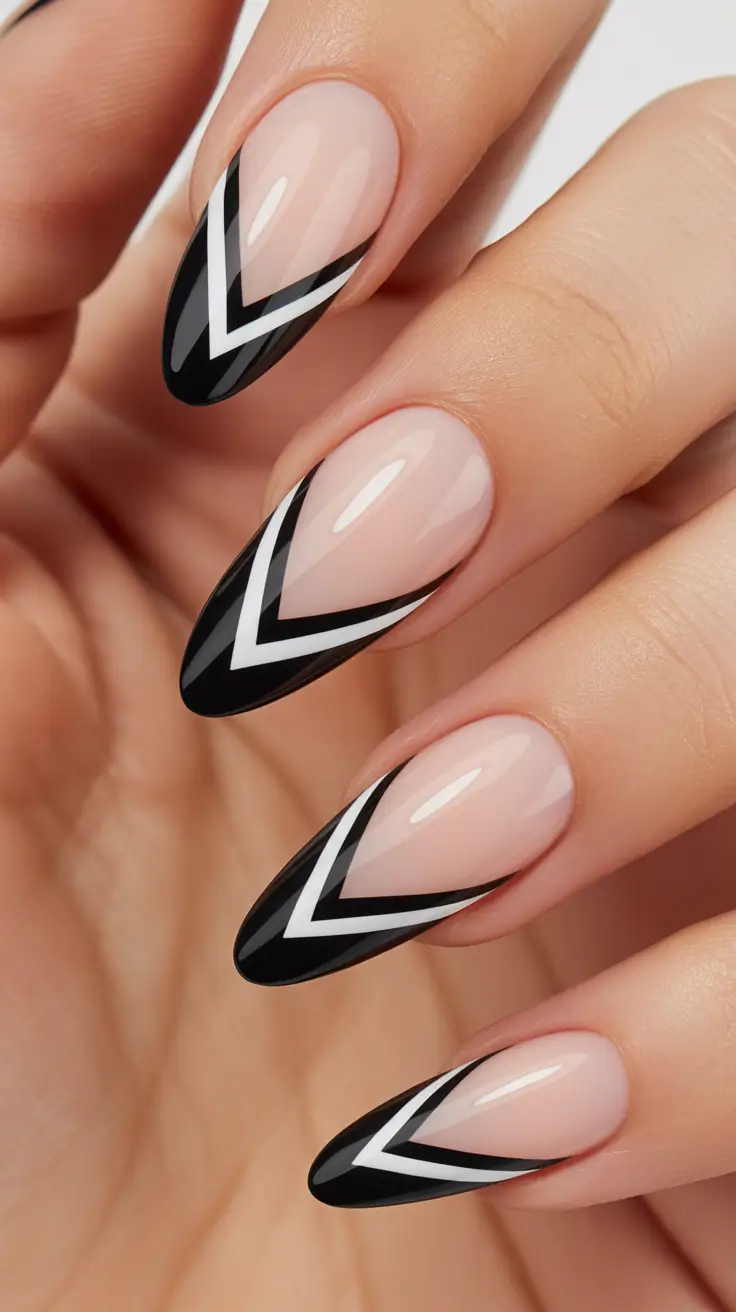 winter french tip nails Midnight Chevron