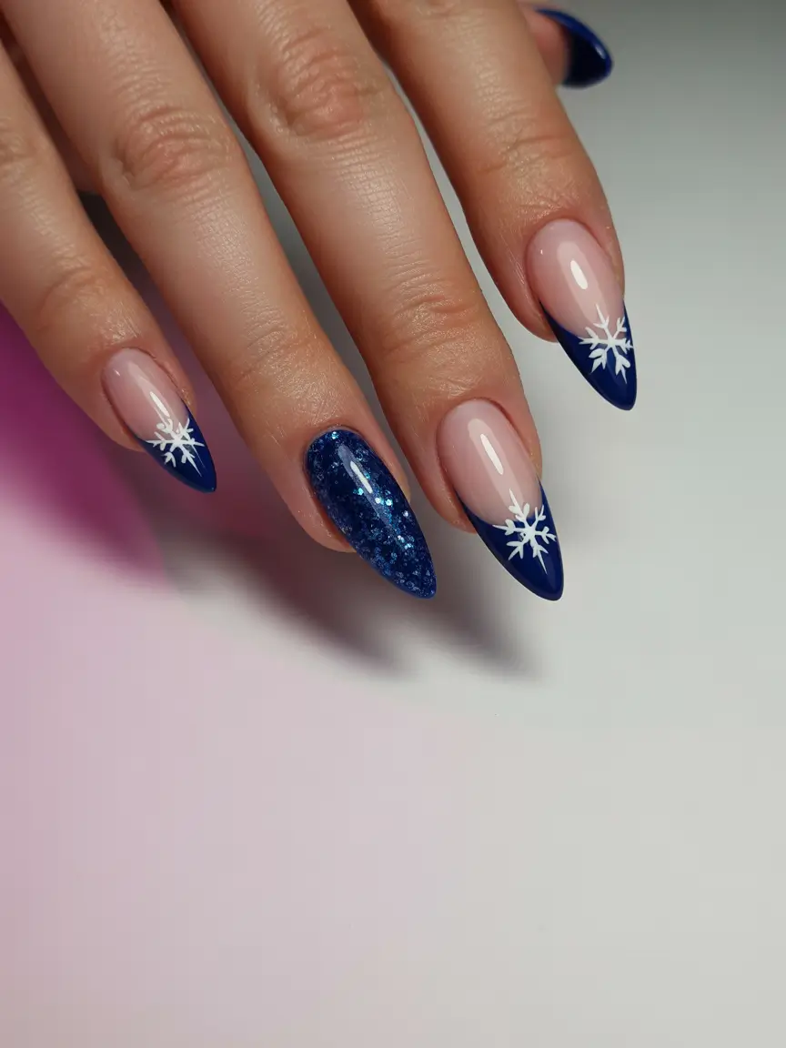 winter french tip nails Snowflake Night Sky