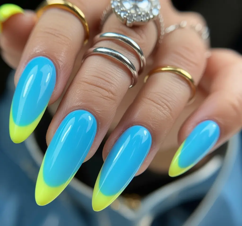 winter french tip nails Blue Neon Frost