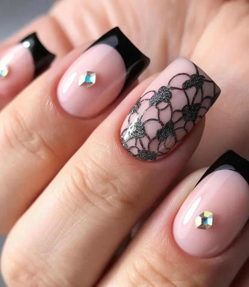 winter french tip nails Lace Noir Romance