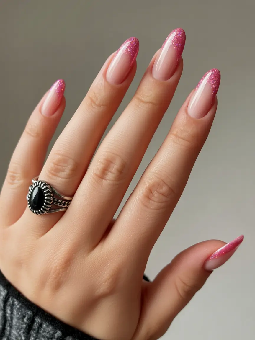 winter french tip nails Pink Stardust Tips