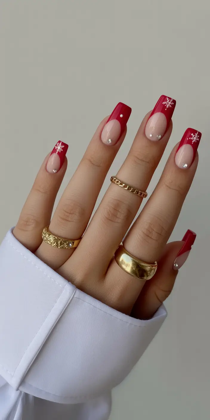 winter french tip nails Snowflake Elegance