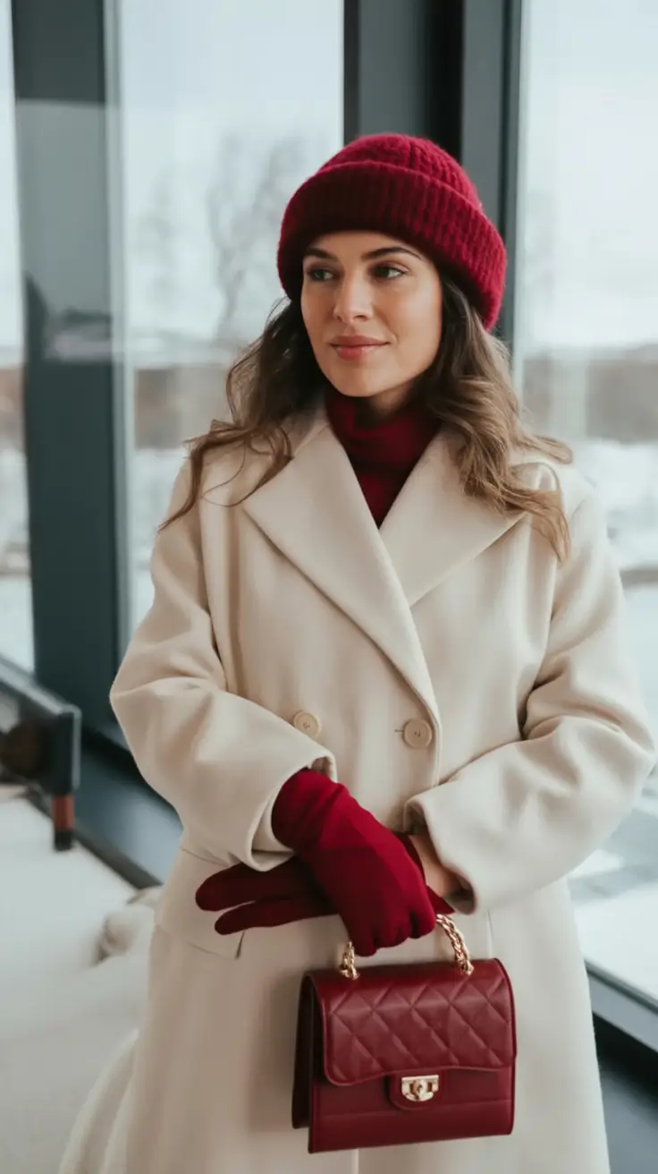 winter going out outfit Winter White & Red Accents