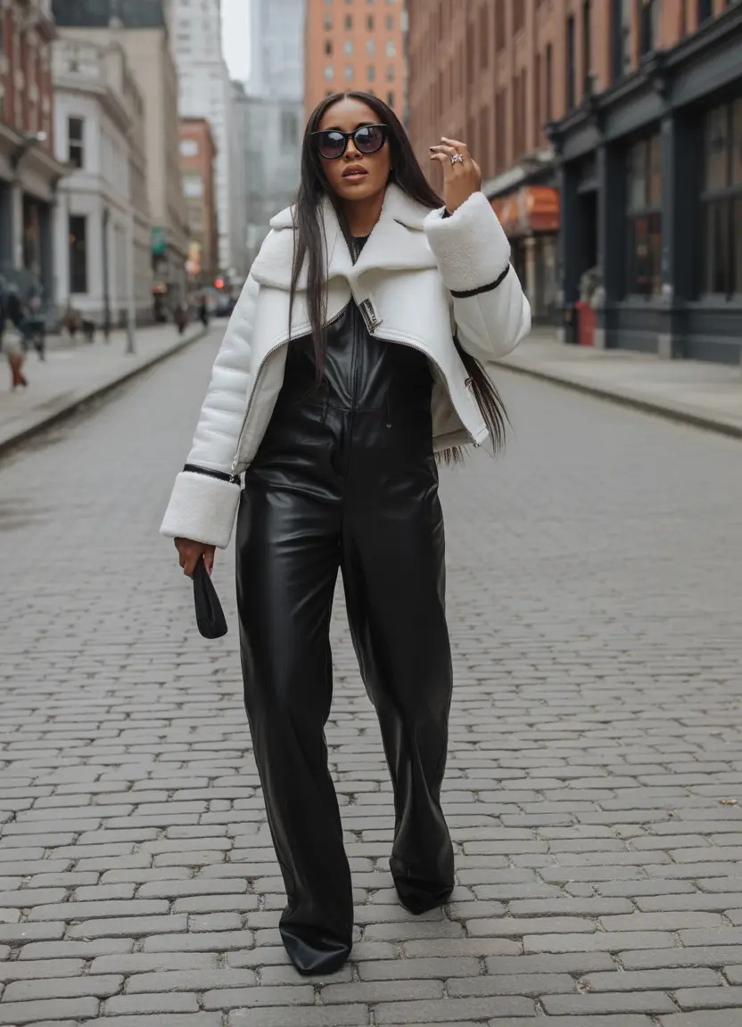 winter going out outfit Monochrome Leather & Shearling