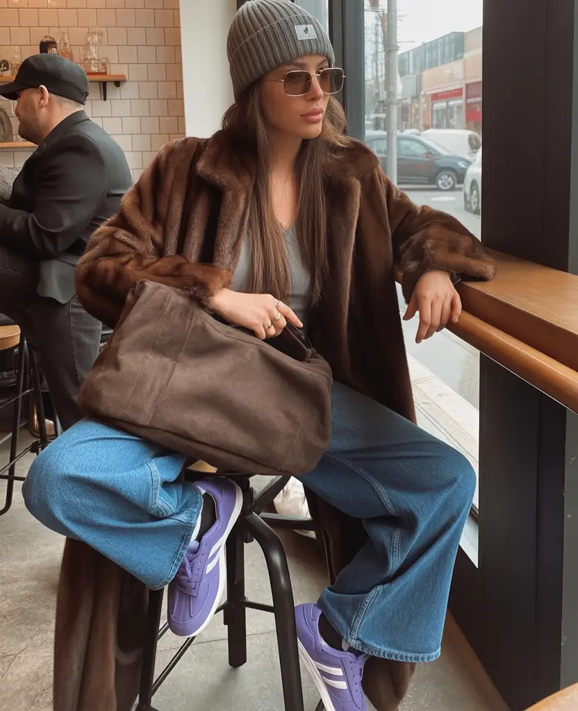 winter going out outfit Sporty Fur & Denim Balance