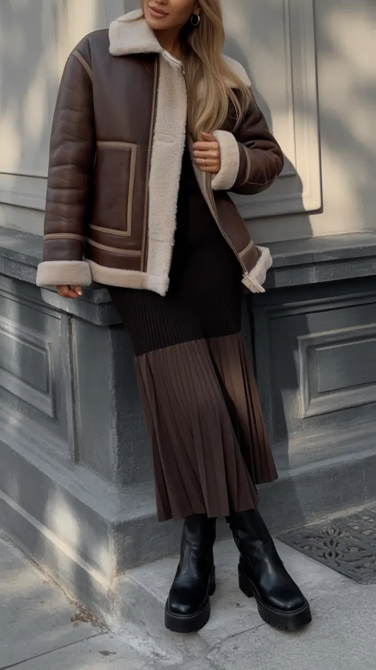 winter going out outfit Chocolate Shearling & Pleats