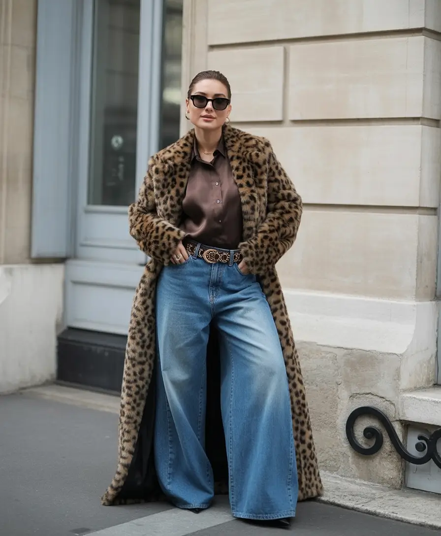 winter going out outfit Leopard Print with Retro Denim