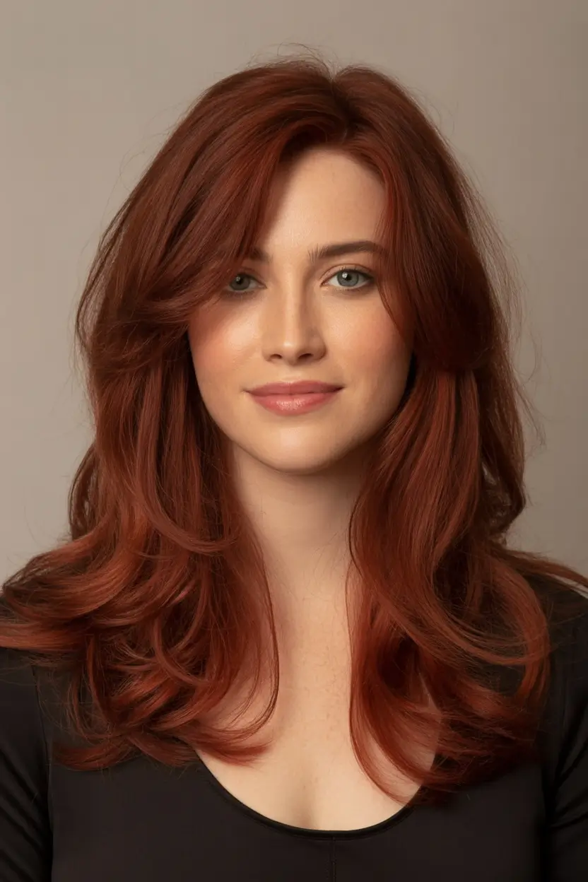 winter hair colors auburn Copper Feather Layers