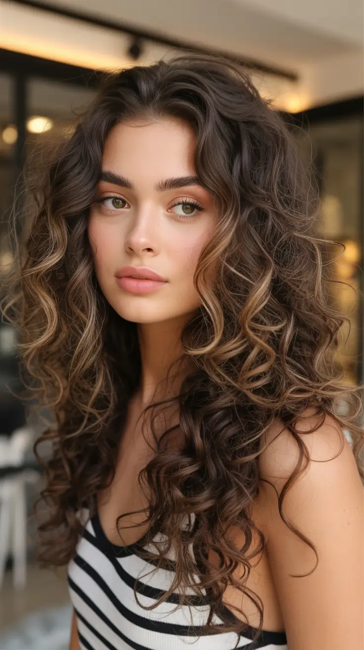 winter hair colors auburn Chocolate Swirl Curls with Caramel Threads