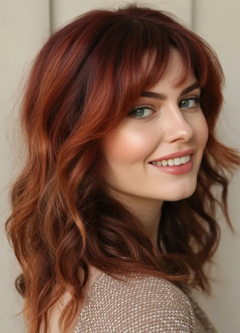 winter hair colors auburn Warm Copper Shag with Wispy Bangs