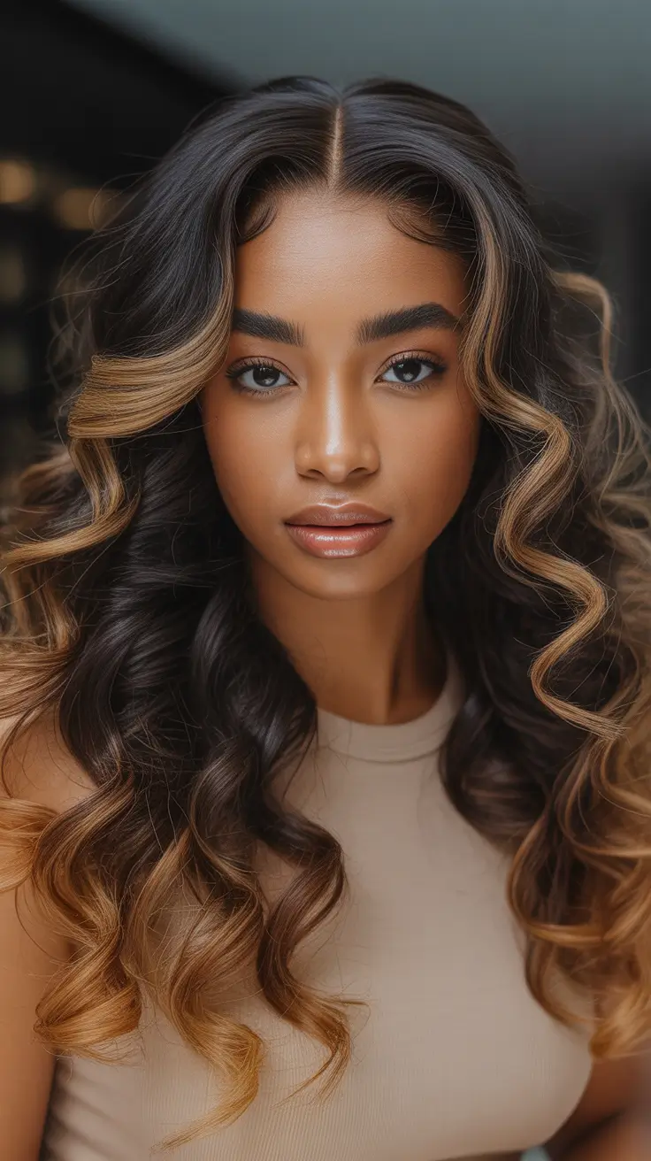 winter hair colors auburn Bronze Money Piece with Espresso Waves