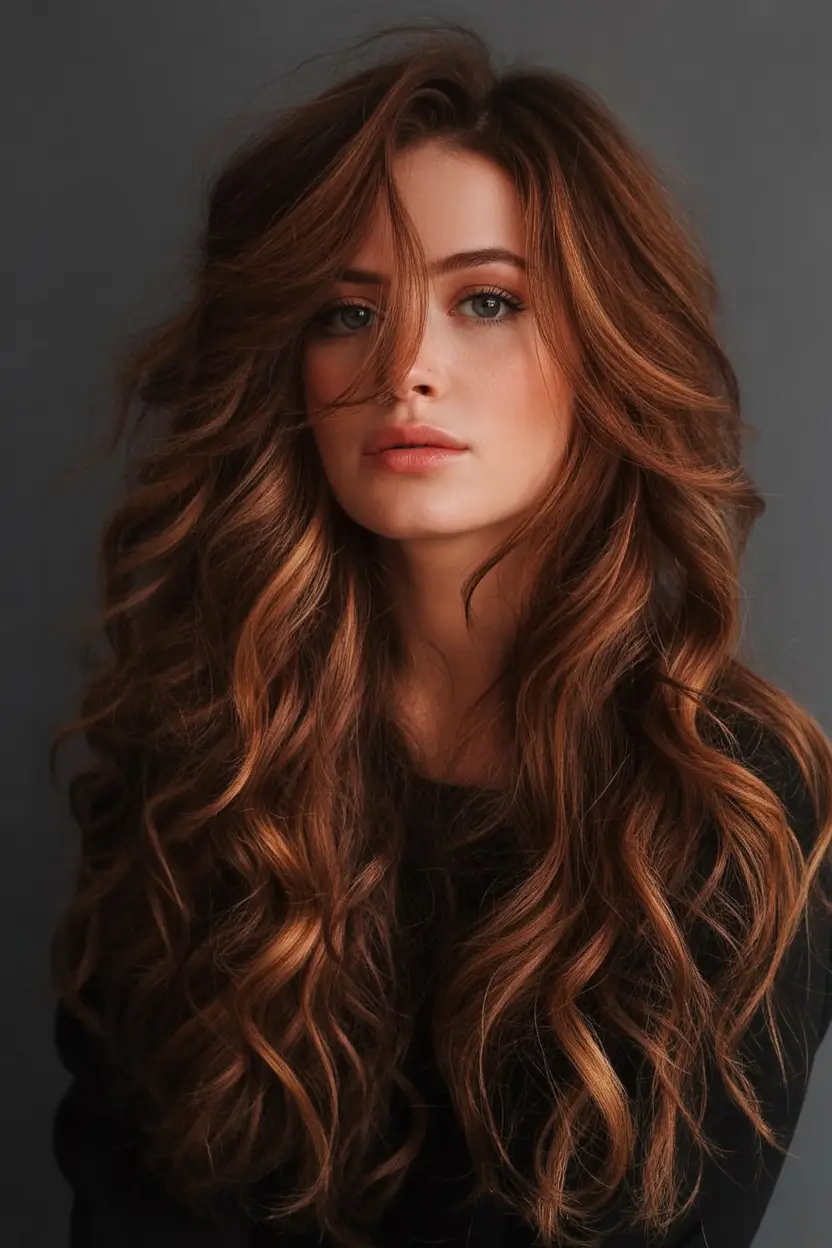 winter hair colors auburn Chestnut Auburn Layers with Curtain Bangs