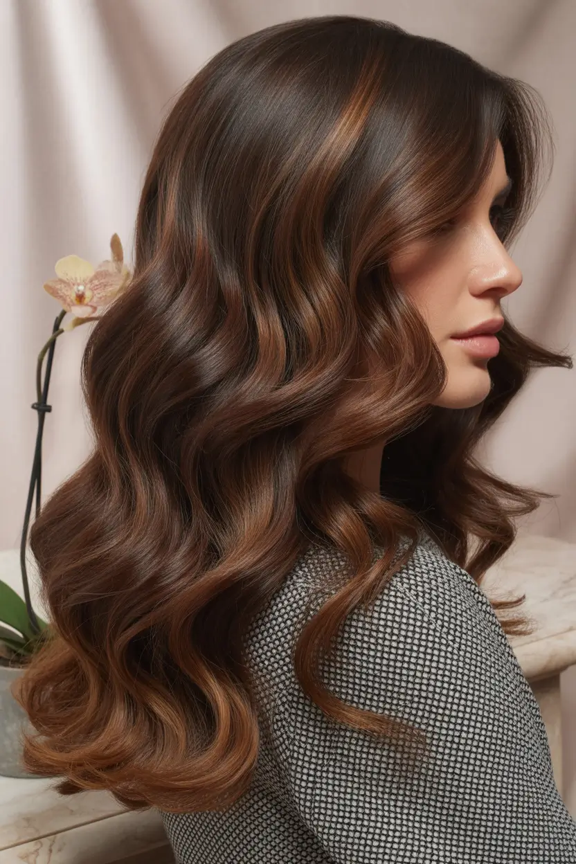 winter hair colors auburn Caramel Ribbon Balayage