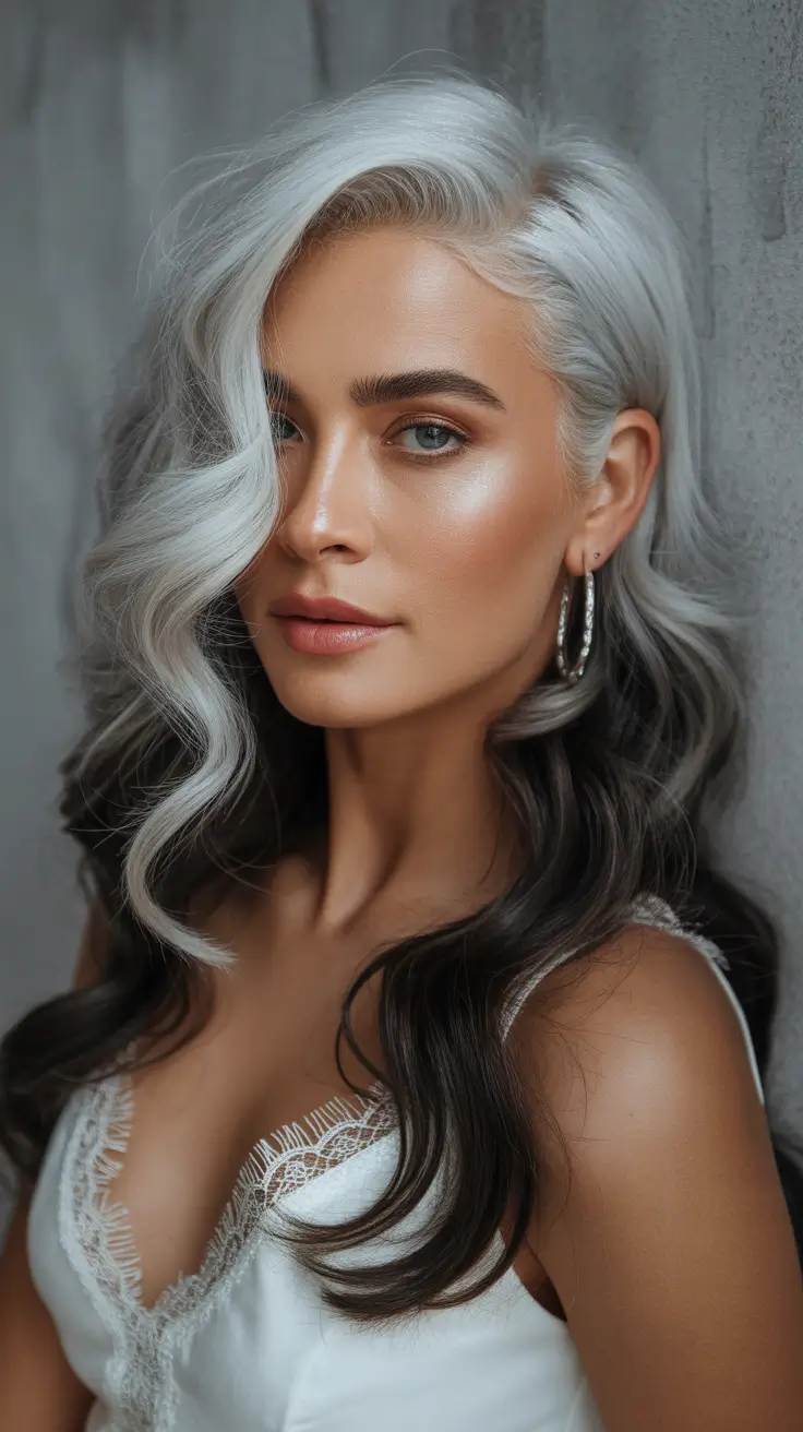 winter hair colors balayage Frosted Silver with Dimensional Depth