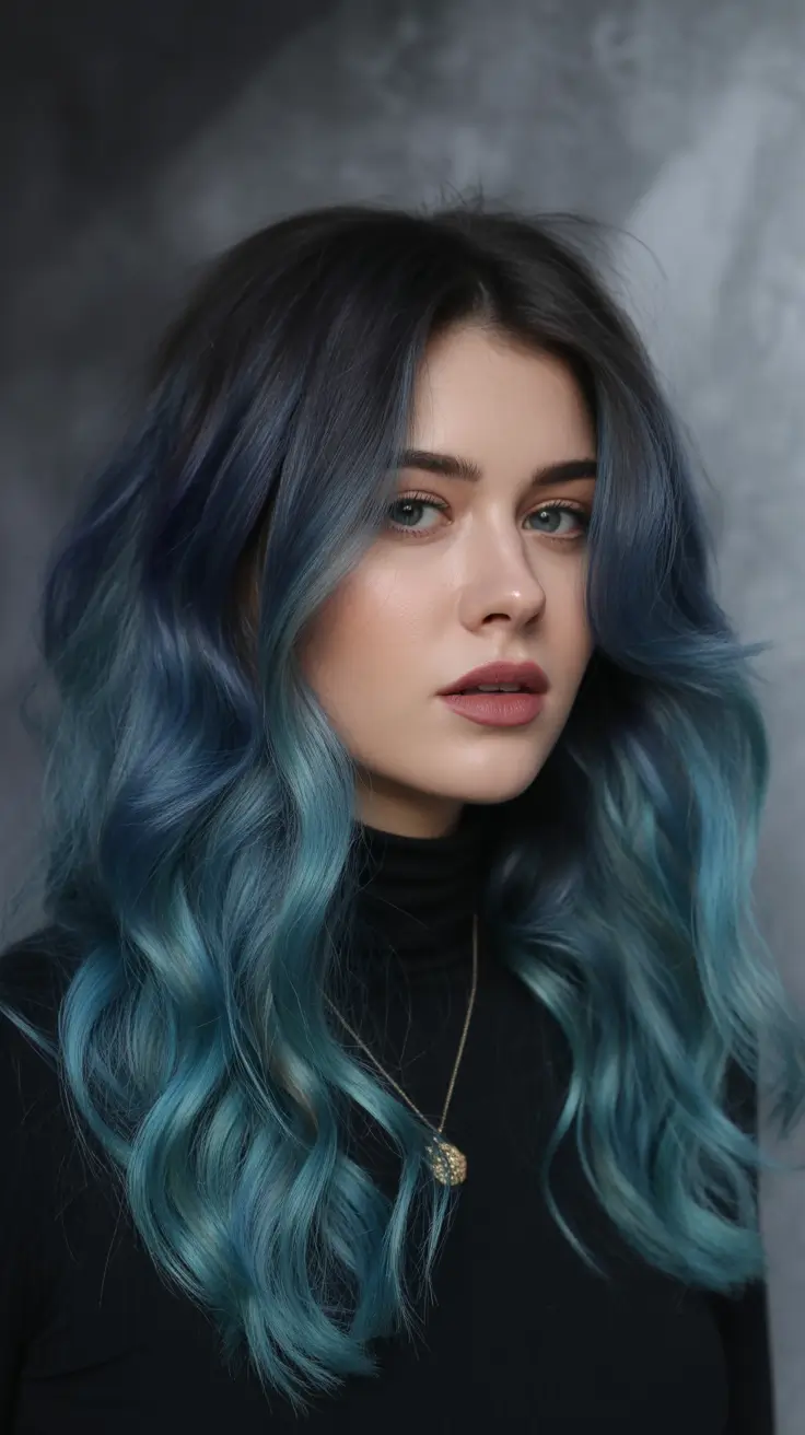 winter hair colors balayage Midnight Teal Balayage