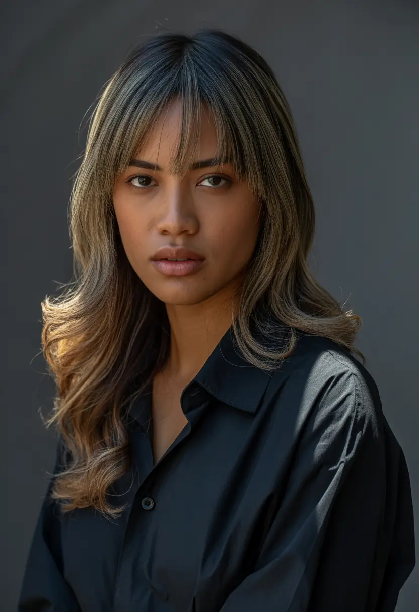 winter hair colors dark skin Champagne Bangs