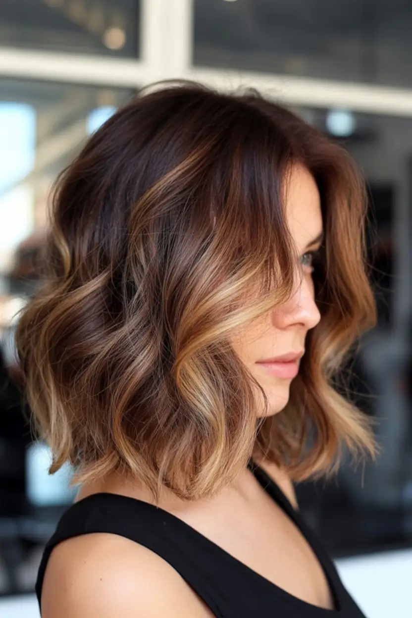 winter hair colors for brown hair Toasted Caramel Short Waves