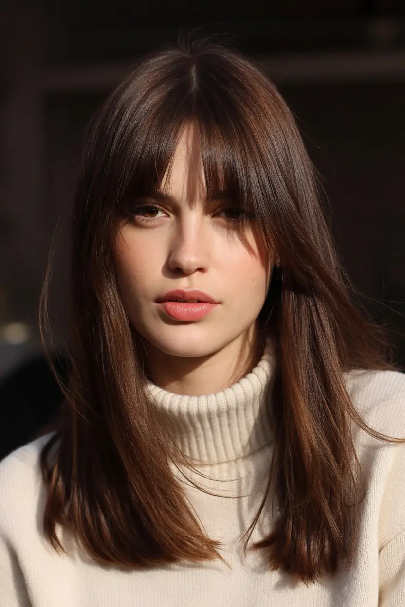 winter hair colors for brown hair Polished Espresso with French Bangs
