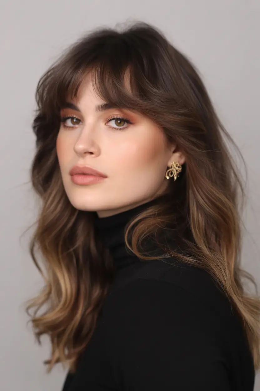 winter hair colors for brown hair Soft Mocha with Curtain Bangs