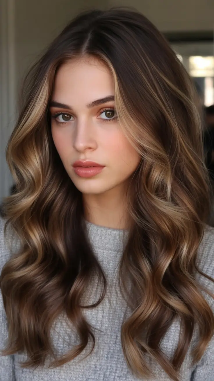 winter hair colors for brown hair Golden Mocha Balayage Waves