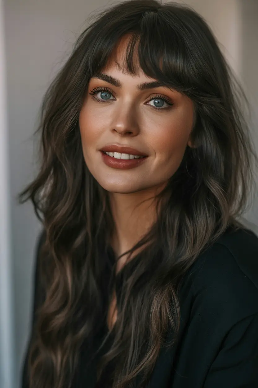 winter hair colors for brown hair Soft Ash Brunette with Wispy Bangs