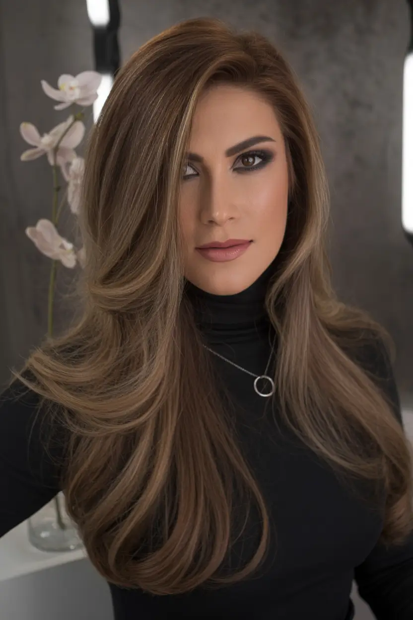 winter hair colors for brown hair Toffee Brunette with Layered Volume