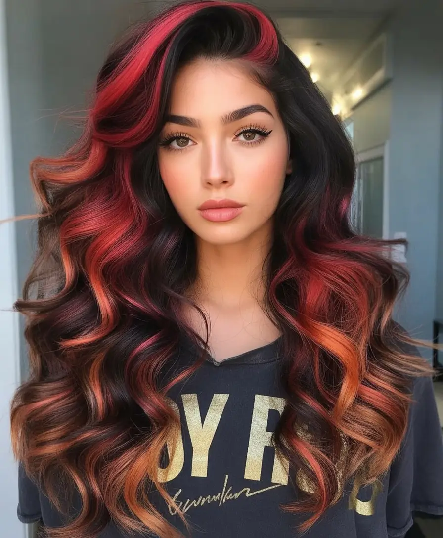 winter hair colors highlights Scarlet Ember Waves