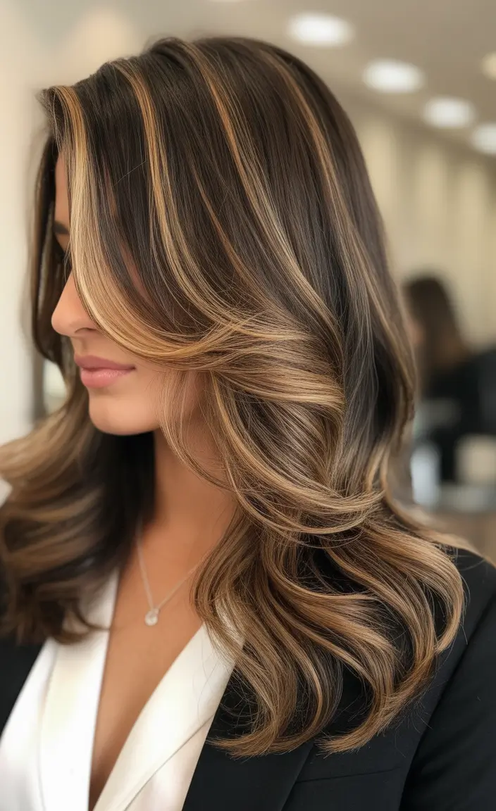 winter hair colors highlights Golden Brunette Luxe