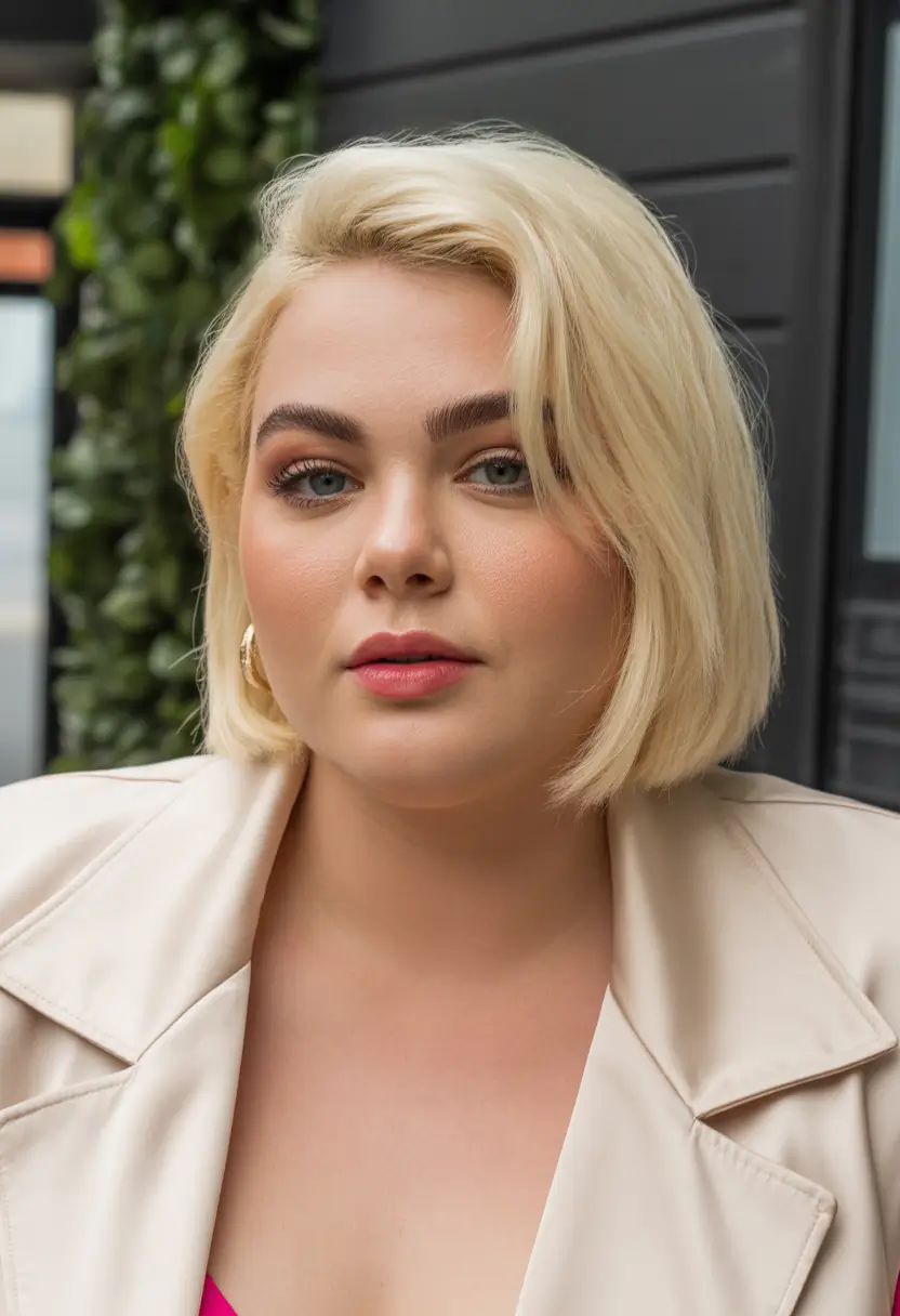 Winter Haircuts for Plus Size Women Modern Platinum Bob with Deep Side Part