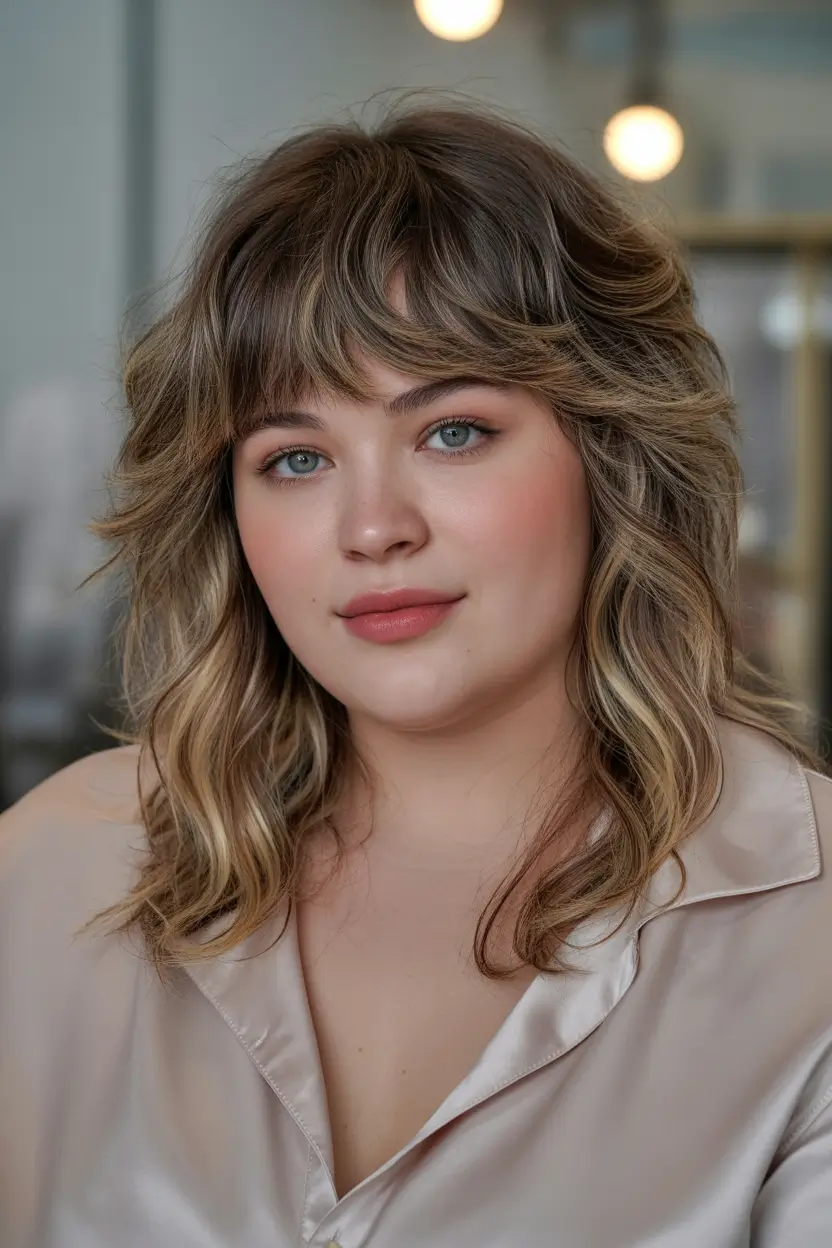 Winter Haircuts for Plus Size Women Textured Wolf Cut with Honey Highlights