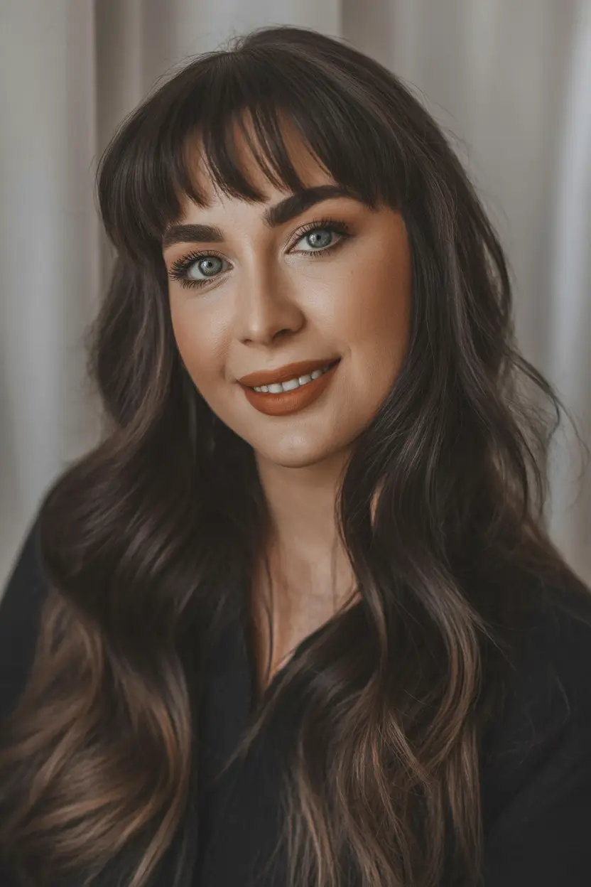 Winter Haircuts for Plus Size Women Chocolate Brunette with Baby Bangs