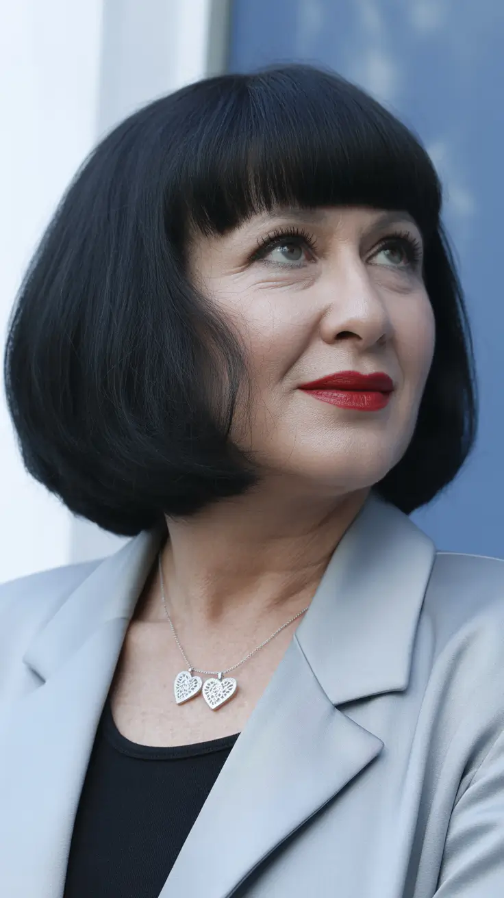 Winter Haircuts for Plus Size Women Jet Black Sleek Bob with Blunt Bangs