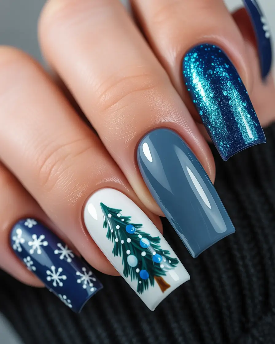 winter holiday nails Frosty Blue Tree Sparkle
