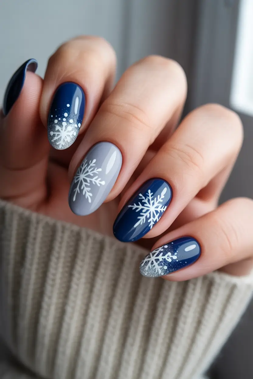 winter holiday nails Midnight Snowfall Elegance