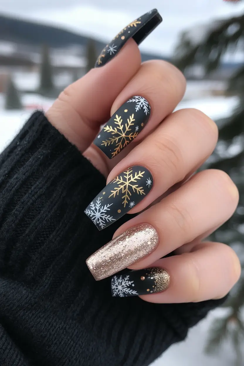 winter holiday nails Golden Snowflake Glam
